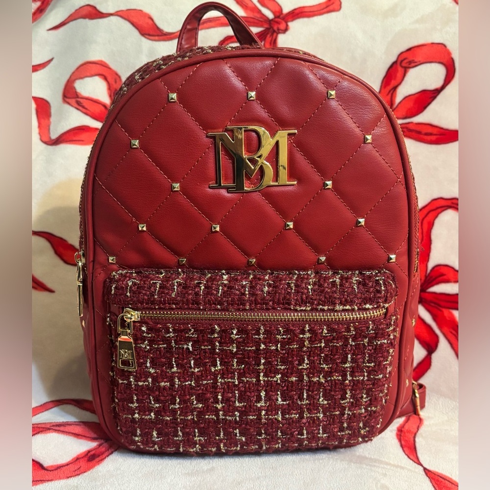 Badgley Mischka red and gold tweed backpack with gold studs